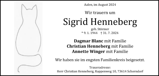 Traueranzeige von Sigrid Henneberg von Schwäbische Post