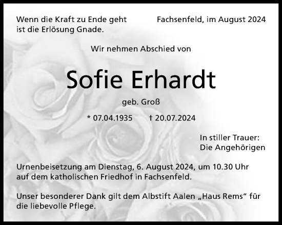 Traueranzeige von Sofie Erhardt von Schwäbische Post