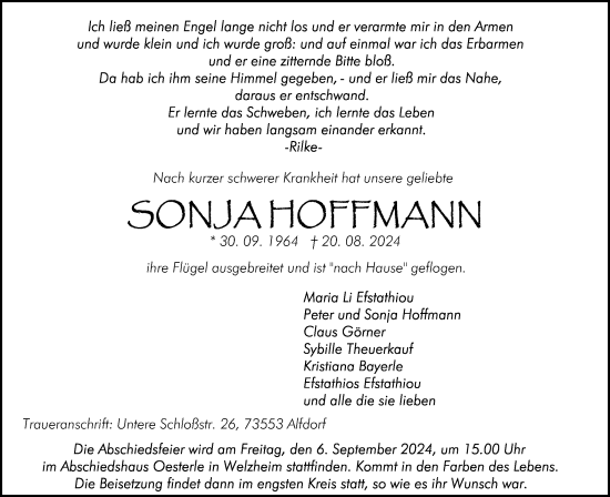 Traueranzeige von Sonja Hoffmann von Gmünder Tagespost
