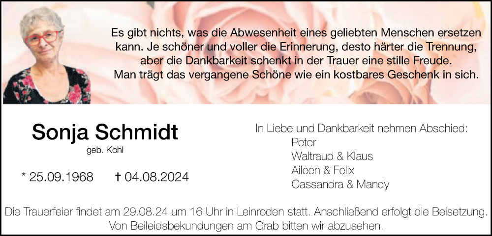  Traueranzeige für Sonja Schmidt vom 27.08.2024 aus Schwäbische Post