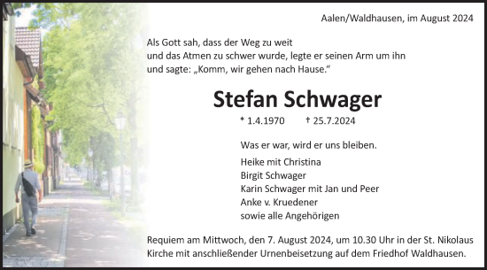Traueranzeige von Stefan Schwager von Schwäbische Post