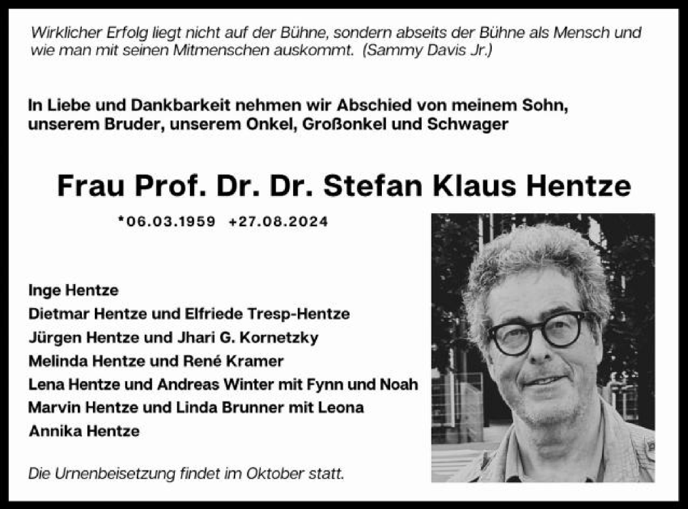  Traueranzeige für Stefan Klaus Hentze vom 31.08.2024 aus Schwäbische Post
