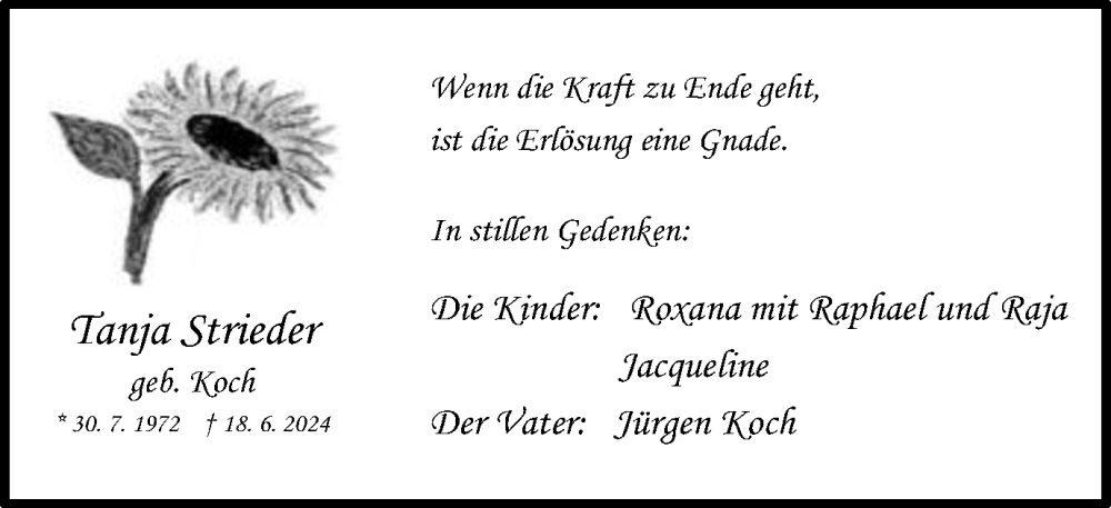  Traueranzeige für Tanja Strieder vom 10.08.2024 aus Schwäbische Post