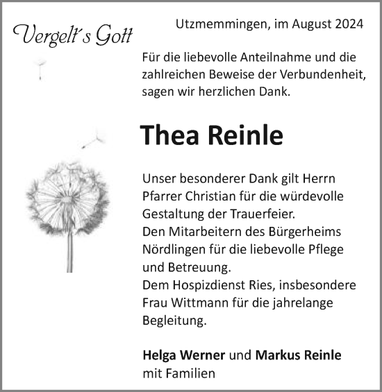 Traueranzeige von Thea Reinle von Schwäbische Post