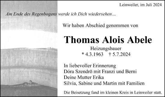 Traueranzeige von Thomas Alois Abele von Gmünder Tagespost