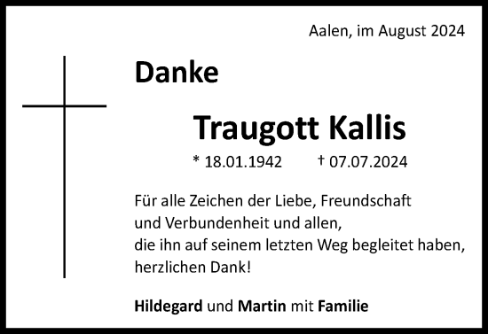 Traueranzeige von Traugott Kallis von Schwäbische Post