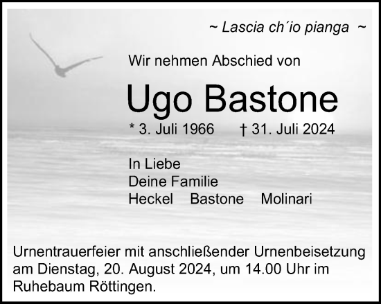 Traueranzeige von Ugo Bastone von Schwäbische Post