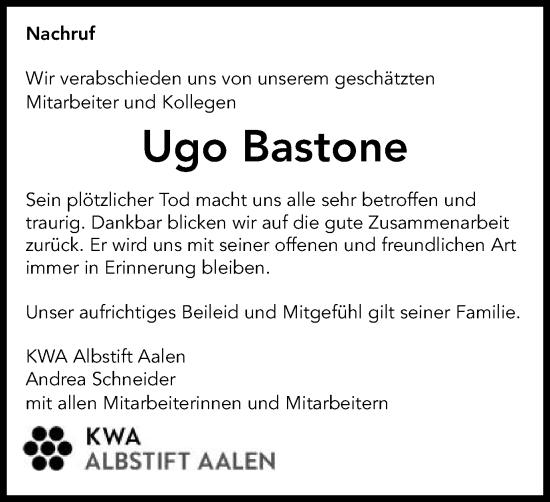 Traueranzeige von Ugo Bastone von Schwäbische Post