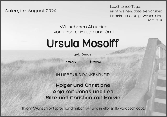 Traueranzeige von Ursula Mosolff von Schwäbische Post