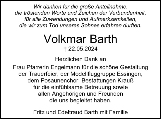 Traueranzeige von Volkmar Barth von Schwäbische Post