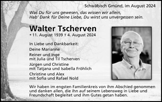 Traueranzeige von Walter Tscherven von Gmünder Tagespost