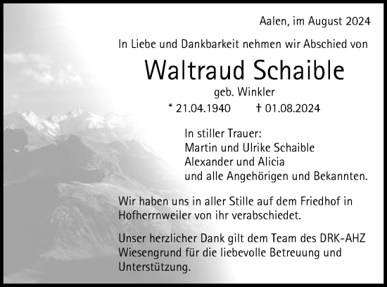 Traueranzeige von Waltraud Schaible von Schwäbische Post
