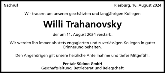 Traueranzeige von Willi Trahanovsky von Schwäbische Post