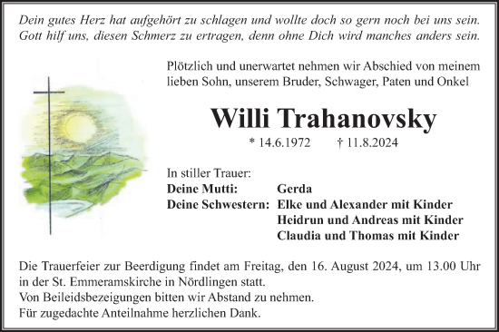 Traueranzeige von Willi Trahanovsky von Schwäbische Post