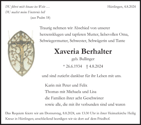 Traueranzeige von Xaveria Berhalter von Schwäbische Post