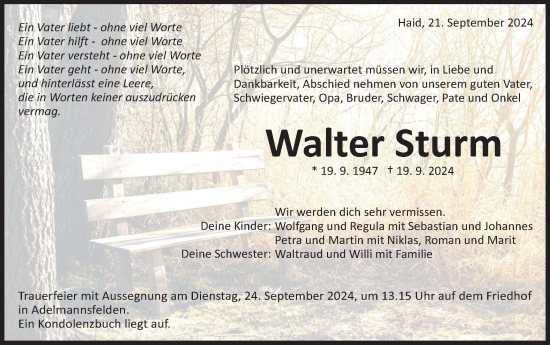 Traueranzeige von Walter Sturm von Schwäbische Post