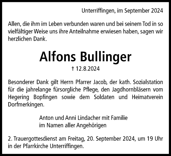 Traueranzeige von Alfons Bullinger von Schwäbische Post