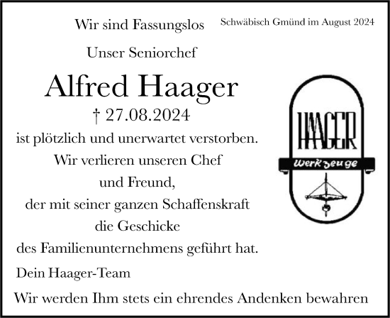 Traueranzeige von Alfred Haager von Gmünder Tagespost
