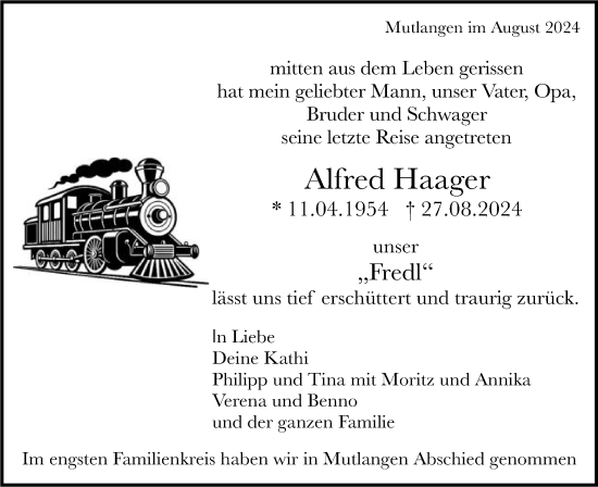 Traueranzeige von Alfred Haager von Gmünder Tagespost