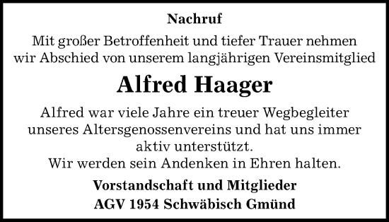 Traueranzeige von Alfred Haager von Gmünder Tagespost