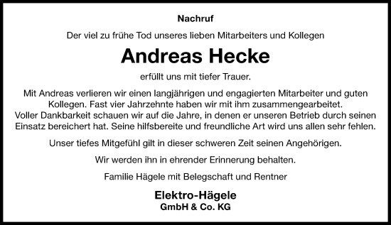 Traueranzeige von Andreas Hecke von Gmünder Tagespost