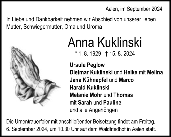 Traueranzeige von Anna Kuklinski von Schwäbische Post