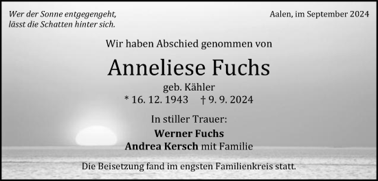 Traueranzeige von Anneliese Fuchs von Schwäbische Post