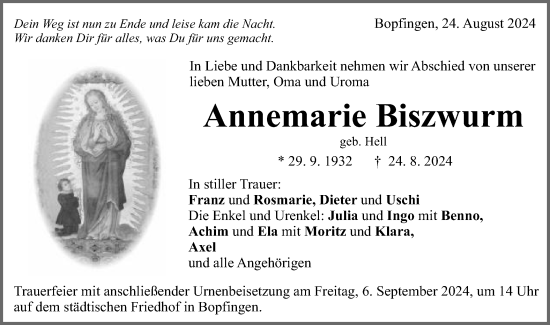 Traueranzeige von Annemarie Biszwurm von Schwäbische Post