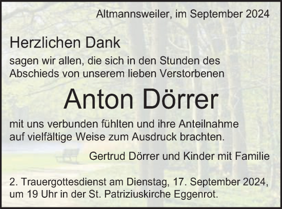 Traueranzeige von Anton Dörrer von Schwäbische Post
