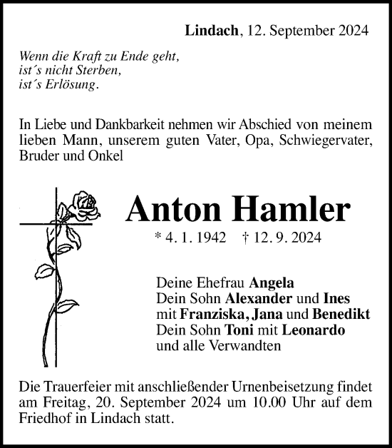 Traueranzeige von Anton Hamler von Gmünder Tagespost
