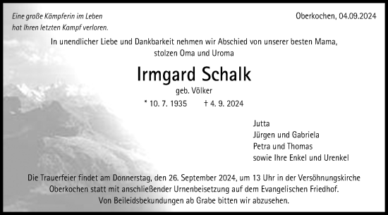 Traueranzeige von Irmgard Schalk von Schwäbische Post