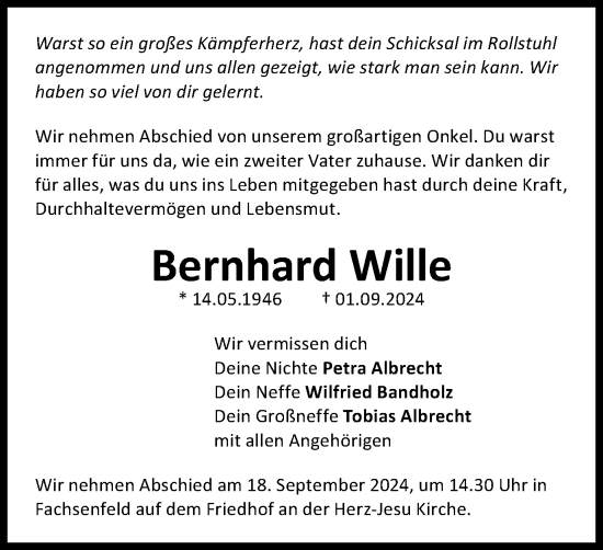Traueranzeige von Bernhard Wille von Schwäbische Post