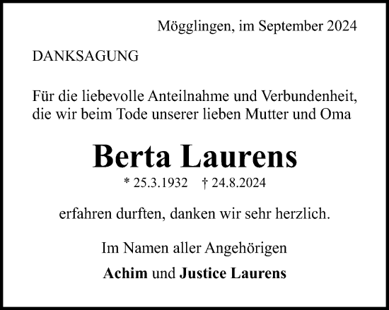 Traueranzeige von Berta Laurens von Gmünder Tagespost