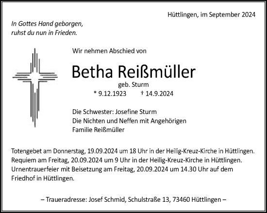 Traueranzeige von Betha Reißmüller von Schwäbische Post