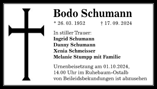 Traueranzeige von Bodo Schumann von Schwäbische Post