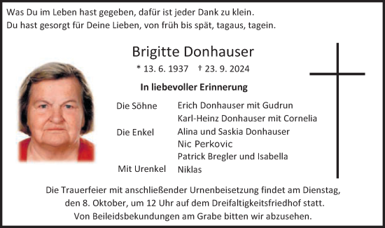 Traueranzeige von Brigitte Donhauser von Gmünder Tagespost