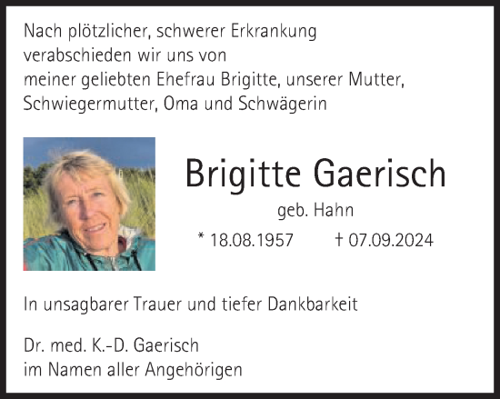 Traueranzeige von Brigitte Gaerisch von Schwäbische Post