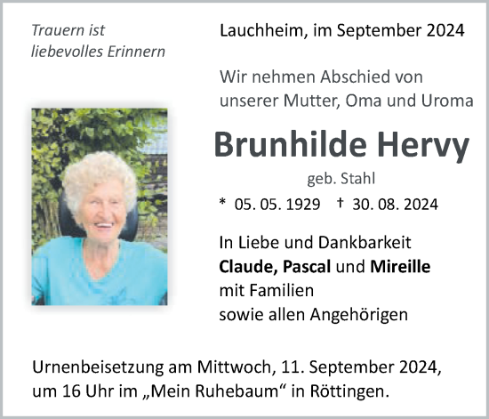 Traueranzeige von Brunhilde Hervy von Schwäbische Post