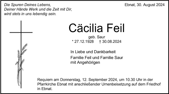 Traueranzeige von Cäcilia Feil von Schwäbische Post