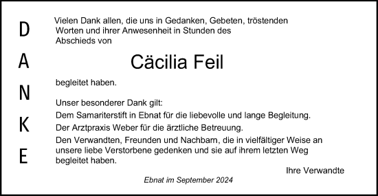 Traueranzeige von Cäcilia Feil von Schwäbische Post