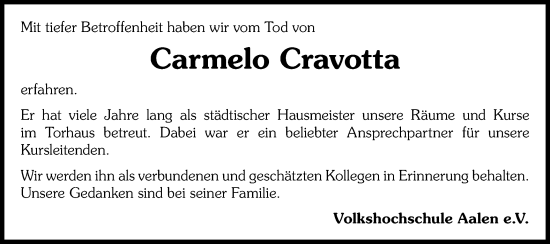 Traueranzeige von Carmelo Cravotta von Schwäbische Post