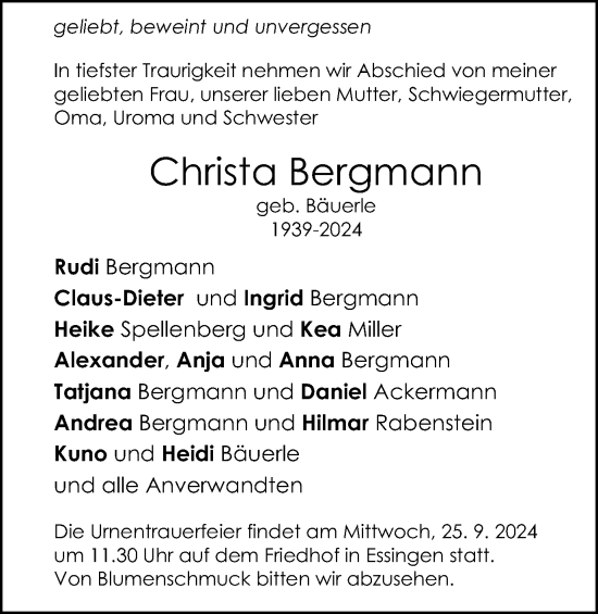 Traueranzeige von Christa Bergmann von Schwäbische Post