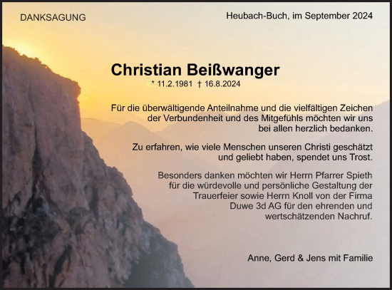 Traueranzeige von Christian Beißwanger von Gmünder Tagespost