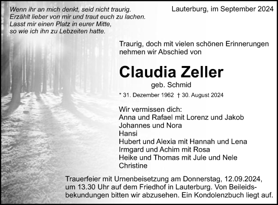 Traueranzeige von Claudia Zeller von Schwäbische Post