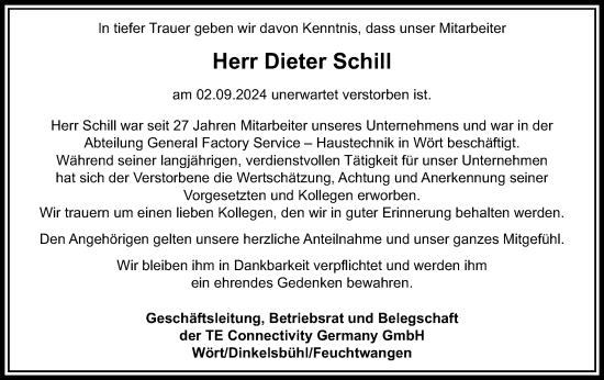 Traueranzeige von Dieter Schill von Schwäbische Post