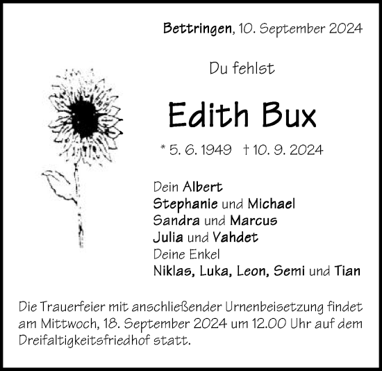 Traueranzeige von Edith Bux von Gmünder Tagespost