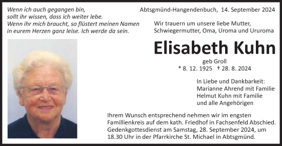 Traueranzeige von Elisabeth Kuhn von Schwäbische Post