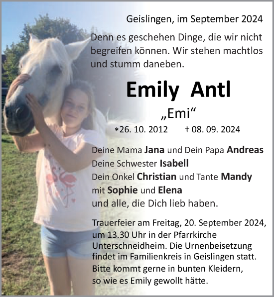 Traueranzeige von Emily Antl von Schwäbische Post