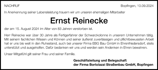 Traueranzeige von Ernst Reinecke von Schwäbische Post
