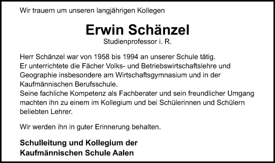 Traueranzeige von Erwin Schänzel von Schwäbische Post